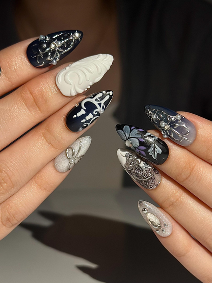 Gothic Violet Chrome Press On Nails | Black Silver Luxury Nails | 3D Baroque Floral Nails | Dark Elegant Nails | JC310HC