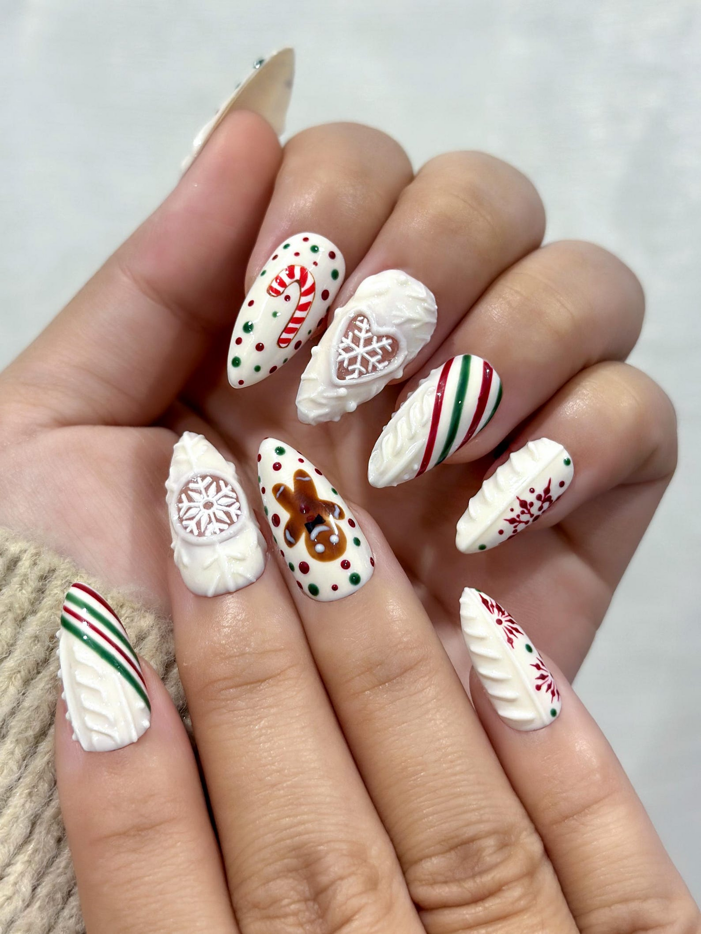 Candy Sweater Christmas Press On Nails | Snowflake Winter Nail Art | Red Green Stripe Holiday Nails |3D Cable Knit Nail | HB1212EC