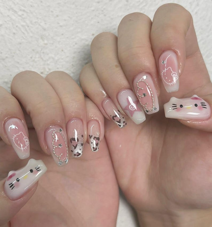 Kawaii Kitty Charm Press On Nails | 3D Hello Kitty Nail Art | Cute Pink Cartoon Nails | Star & Heart Accent Nails | JB193EK