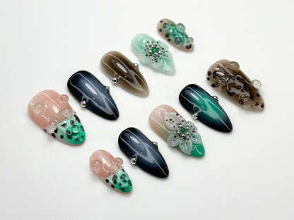 Mystic Leopard Bloom Press On Nails | Green Smoke & Gradient Nail Art | 3D Floral Nails | Handmade Moody Nail | Edgy Leopard Sesign | JC783H