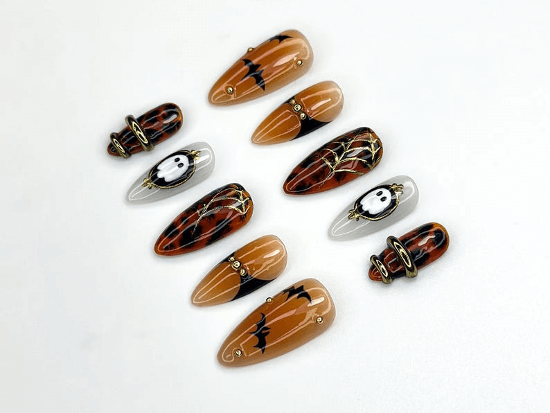 Halloween Bat Ghost Press On Nails | Spooky Spider Web Nail Art | Orange Black Fall Nails | Handmade Gothic Nail Set | JC1122BK