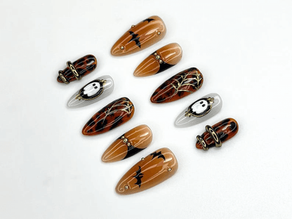 Halloween Bat Ghost Press On Nails | Spooky Spider Web Nail Art | Orange Black Fall Nails | Handmade Gothic Nail Set | JC1122BK