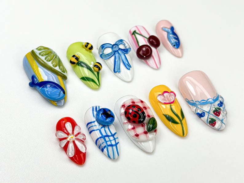 Garden Picnic Summer Press On Nails | 3D Cherry, Bee & Flower Nail Art | Summer Cottagecore Nails | Cute Colorful Press Ons | JB896HC
