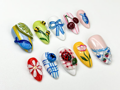 Garden Picnic Summer Press On Nails | 3D Cherry, Bee & Flower Nail Art | Summer Cottagecore Nails | Cute Colorful Press Ons | JB896HC