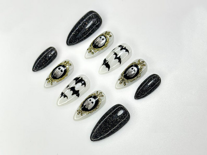 Haunted Mirror Ghost Nails | Gothic Halloween Press Ons | Black Glitter & Bat Nail Art | Handmade Spooky Black Set | JC1143BK