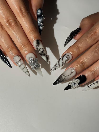 Gothic Silver Flower Press On Nails | Black White Stiletto Nails | Dark Floral Nail Set | Edgy Gothic Nails | Handmade Press Ons | HC1297HC