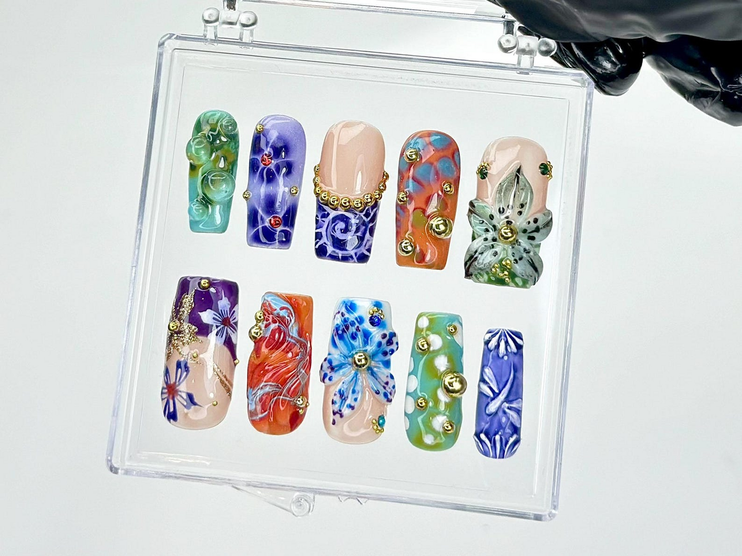 Colorful Glass Flower Press On Nails | Glass-Inspired Nail Art | Resin Floral Design Press Ons | Luxury Artistic Fake nails | HB958YC