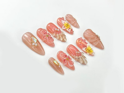 Satin Blossom Shell Press On Nails | Nude 3D Flower & Shell Art | Sculpted Textured Gel Accents | Soft Beige and Peach Tones | JC106EC