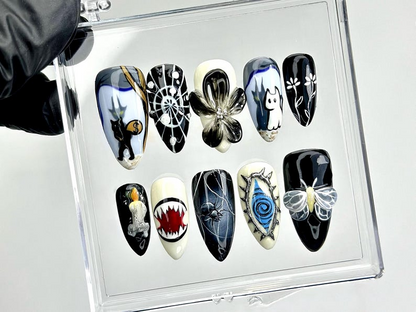 3D Gothic Press On Nails | Black White Art Nails | Spider Web & Monster Design | Ghost Cat and Spider Web Design Nails | HB957