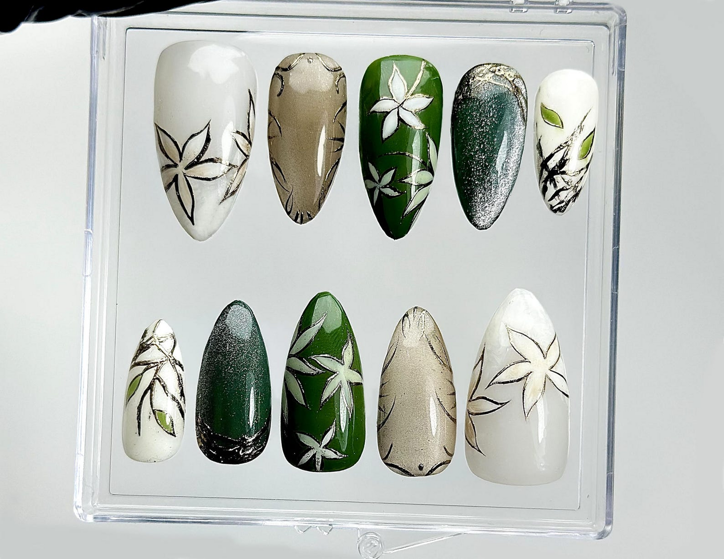 Jade Garden Serenity Press On Nails | Chinese Ink Painting Style | Lotus Bloom & Jade Charm Nails | Elegant Floral Nail Art | HB1018EK