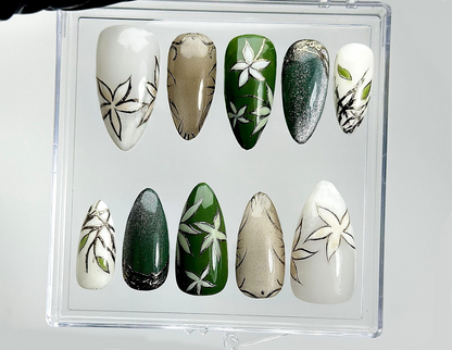 Jade Garden Serenity Press On Nails | Chinese Ink Painting Style | Lotus Bloom & Jade Charm Nails | Elegant Floral Nail Art | HB1018EK