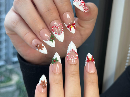 Winter Wonderland Press On Nails For Christmas | 3D Christmas Cookie Nail Art | Red White Holiday Nails | Gingerbread & Bow Press Ons | HB1197HC