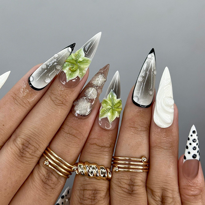 Modern Botanical Press On Nails |3D Green Flower and Gold Leaf Accents | Black & White Polka Dot Nails | JB1000EK