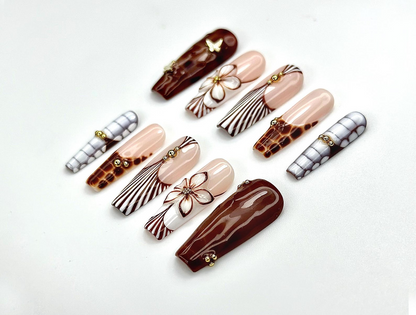 Caramel Elegance Press On Nails | Brown Marble 3D Flower Nails | Butterfly Accent & Luxe Stripe Design | Fall Long Gel Nails | HB1003EC