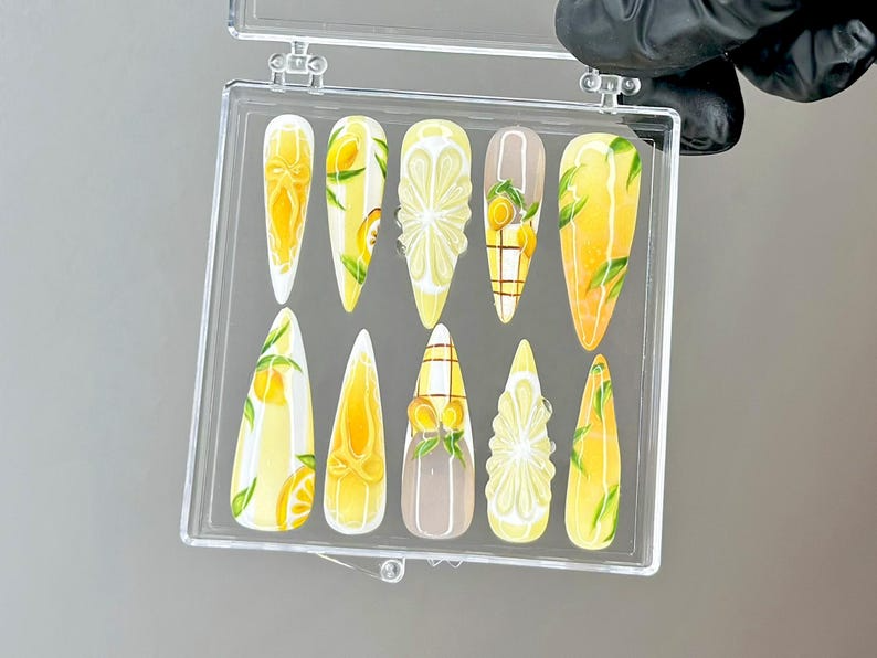 Summer Lemon Press On Nails | Hand Painted Citrus Nail Art | Fruit Design Press Ons | Glossy Fresh Fake nails | Aesthetic Nails | HB956YC