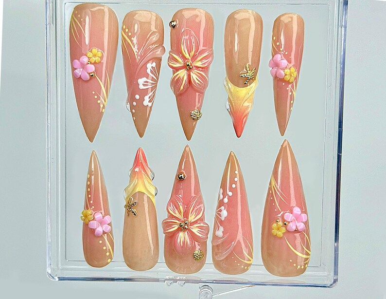 Sunset Blossom Whisper Press On Nails | 3D Pastel Flower Nail Art | Elegant Nude & Coral Tones | Handcrafted Ombre Floral Nails |HC999EK
