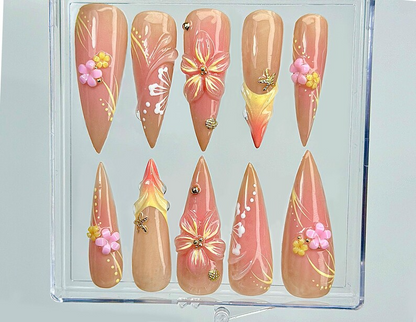 Sunset Blossom Whisper Press On Nails | 3D Pastel Flower Nail Art | Elegant Nude & Coral Tones | Handcrafted Ombre Floral Nails |HC999EK