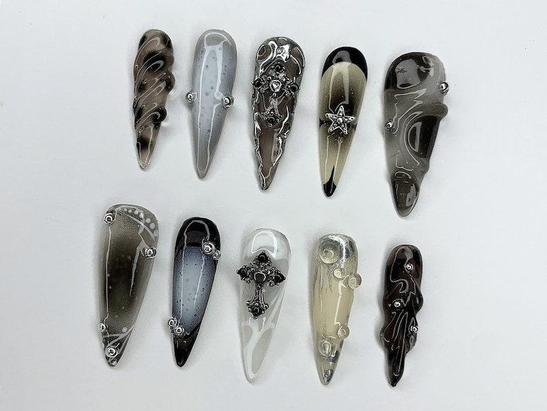 Cool Gothic Press On Nails | Luxury Black Silver Jeweled Nail charms | Luxurious Chrome and Holiday Nail Art |Long Stiletto Nail Set|JC451AH