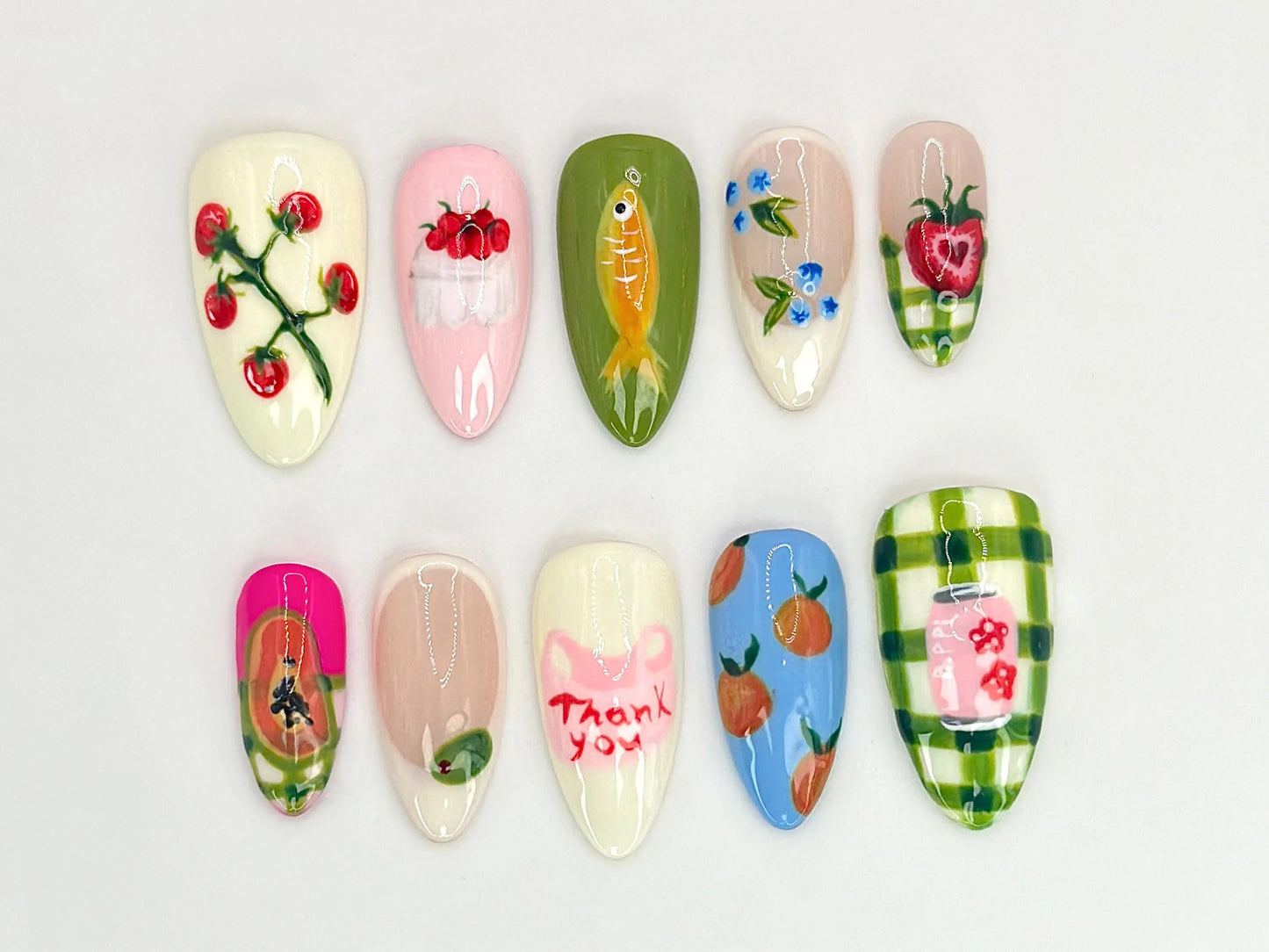 Fruit Garden Custom Press On Nails | Hand-Painted Watermelon, Strawberry & Citrus Nail Art | Vegan-Friendly Nail Designs | JB525HC