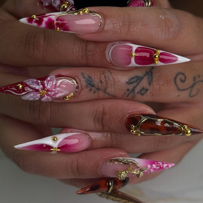 Crimson Gold Floral Press On Nails | 3D Red Floral & Gold Nail Art | Sculpted Jewel Accent Nails | Handmade Elegant Press On Set | JC992HP