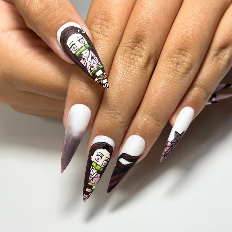 Nezuko Demon Slayer Press On Nails | Anime Cosplay Nail Art | Handmade Japanese Fake Nails |Kimetsu No Yaiba Press Ons |Kawaii Nails|DB705YC
