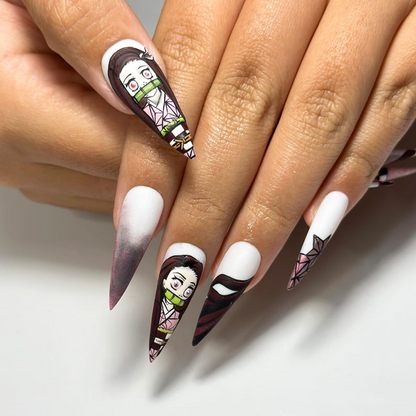Nezuko Demon Slayer Press On Nails | Anime Cosplay Nail Art | Handmade Japanese Fake Nails |Kimetsu No Yaiba Press Ons |Kawaii Nails|DB705YC