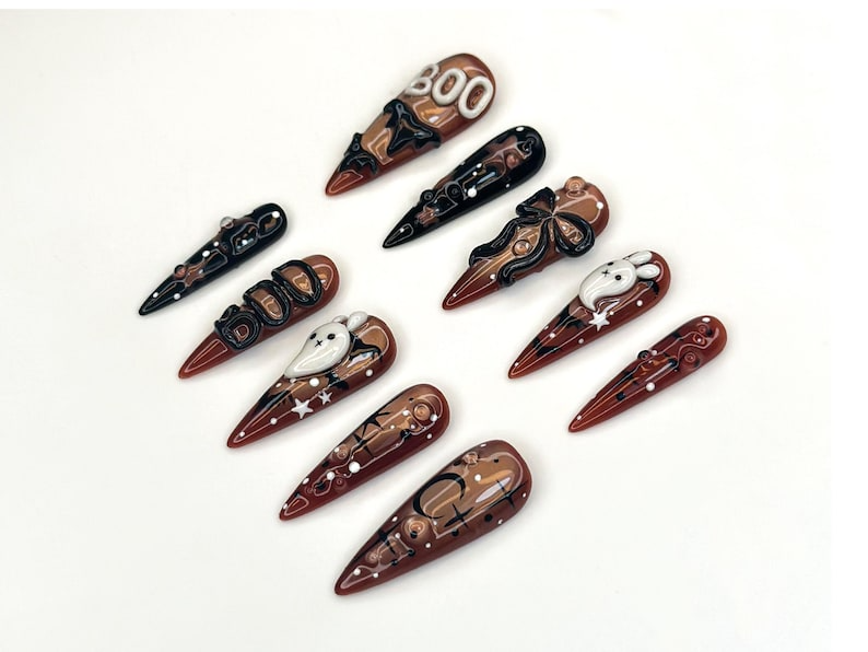 Boo Ghost Bunny Press On Nails | Cute Halloween Nail Set | Handmade Brown Nude Nails | Spooky Fun 3D Bow Nail Art | HC1155BC