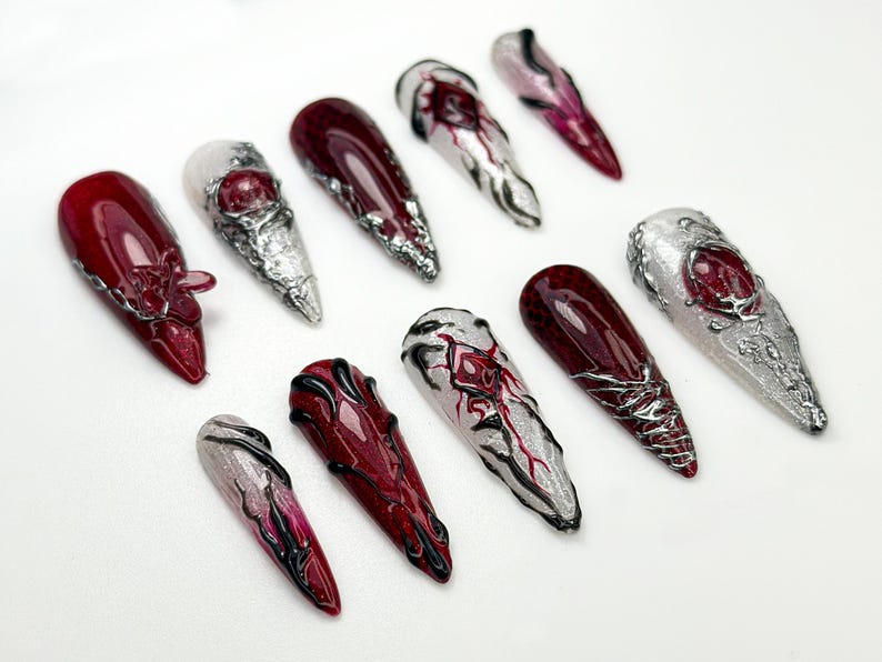 Vampire Red Gothic Press On Nails | Gothic Nail Art Set | Silver Blood Magic Nails | Dark Rune Design Press Ons | 3D Fantasy Nails | JC863HC