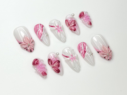 Blush Bloom Pink Press On Nails | 3D Pink Petal & Pearl Nail Art | Elegant Floral Gradient Nails | Romantic Nail | Soft Pink Nails | JC980HC
