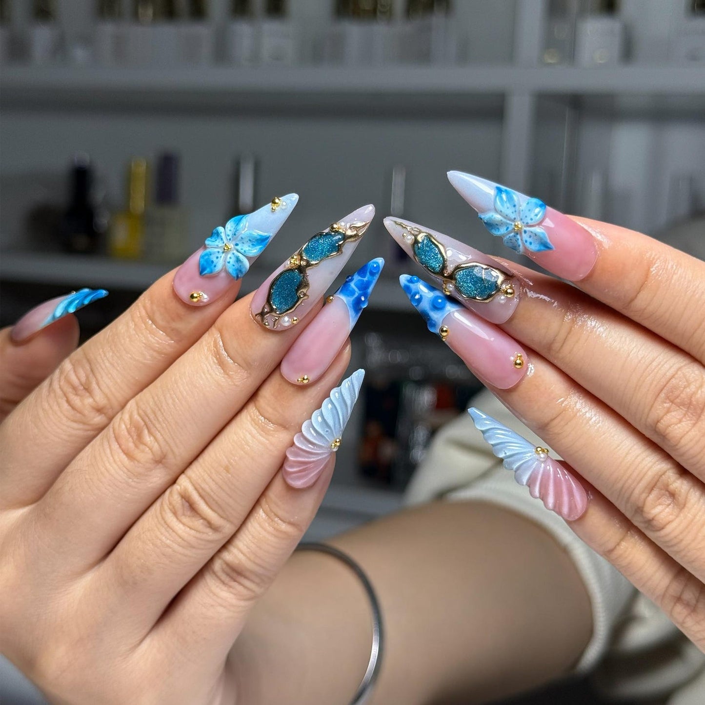 Ocean Marble Almond Press On Nails with 3D Flowers, Gold Detail | Coastal Vacation Nails | OC1309NK