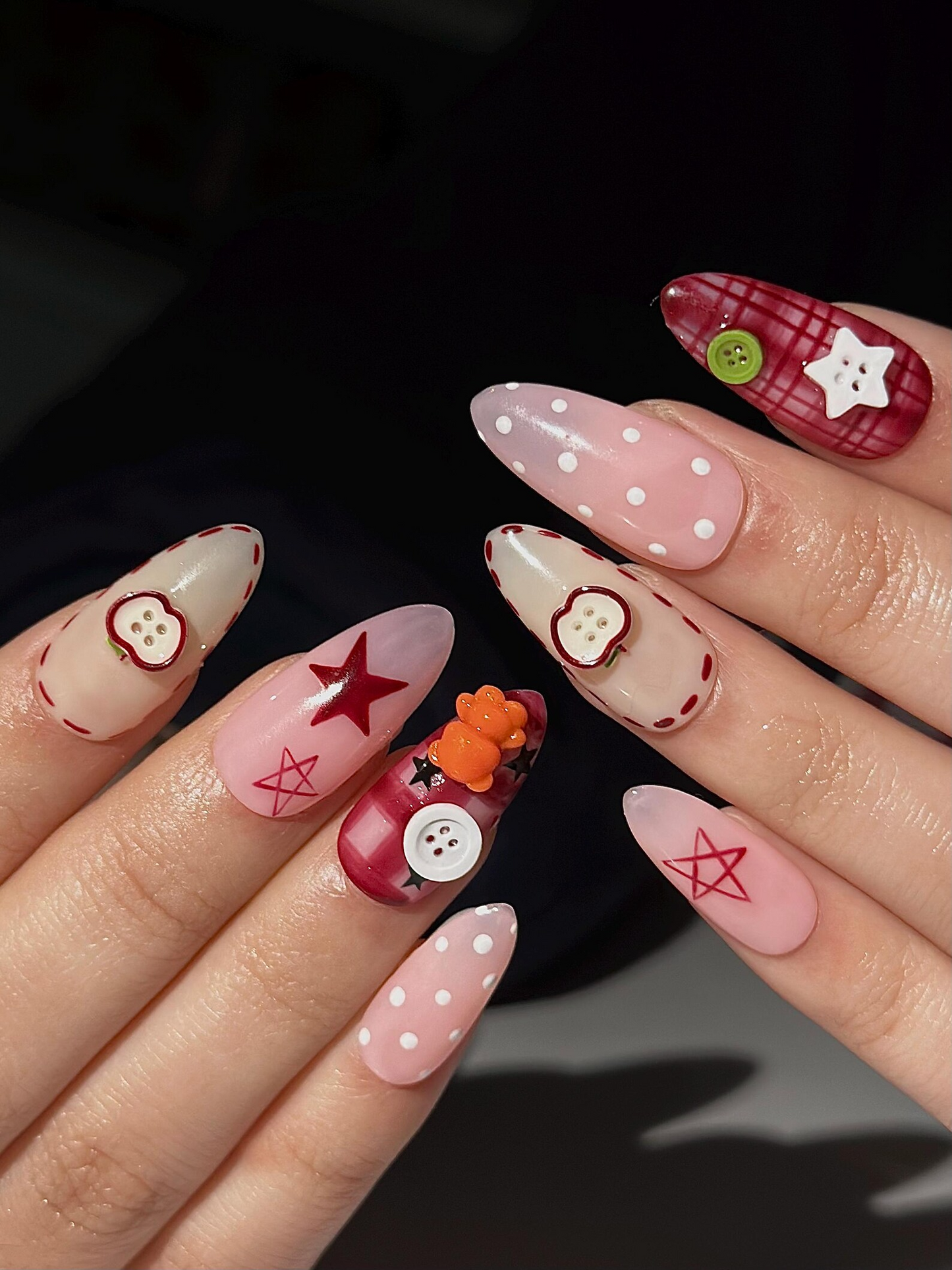 Kawaii Teddy Bear Press On Nails | Cute Teddy & Button Nail Art | Handmade Kawaii Nails | Pink Plaid Press Ons | Cute Core Nails | OB1022H