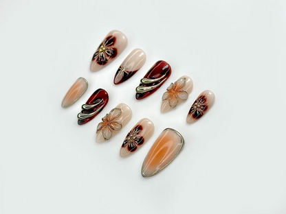 Autumn Tortoiseshell Blossom Press On Nails | Brown Nude Gradient Nail Art | 3D Floral & Metallic Accents | Elegant Long Nail Set | JB178EC
