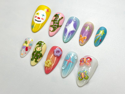 Whimsical Clown Press-On Nails | Hand-Painted Fantasy Nail Art | Bold & Bright Nail Set | Circus Clown Nails | Funky Festival Nail | JC697HK