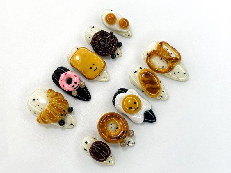 Breakfast Food Press On Nails | 3D Croissant Donut Nail Art | Toast and Egg Handmade Nails | Fun Foodie Nails | A1114K