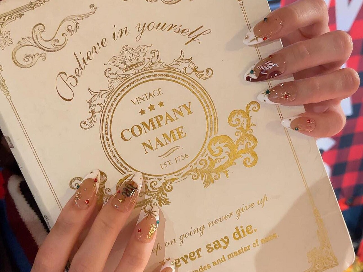 White French Christmas Press On Nails | Red Green Gold Holiday Press Ons | Christmas Tree & Candy Cane Nails | Elegant Winter Nail | JB223HC