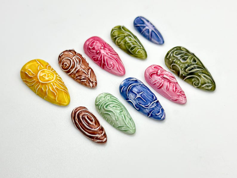 Celestial Carved Texture Press On Nails | Abstract Nature Nail Art | Earth Element Nail Set | 3D Carved Nails | Colorful Press Ons | JB932H