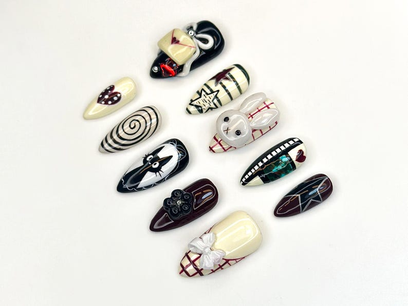 Creepy Cute Press On Nails | Gothic Mask And Bunny Nail Art | 3D Bow & Spiral Nails | Handmade Halloween Nail Set | HC1157BC
