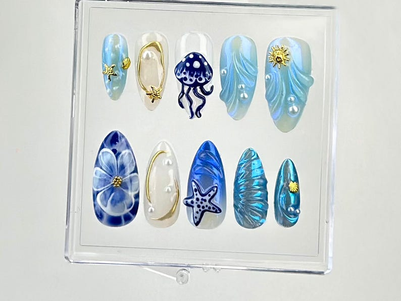 Ocean Fantasy Press On Nails | Jellyfish and Starfish Designs Acrylic Nails |Unique Sea-Themed Nail Art |Luxury Nautical Fake Nails |HB611YV