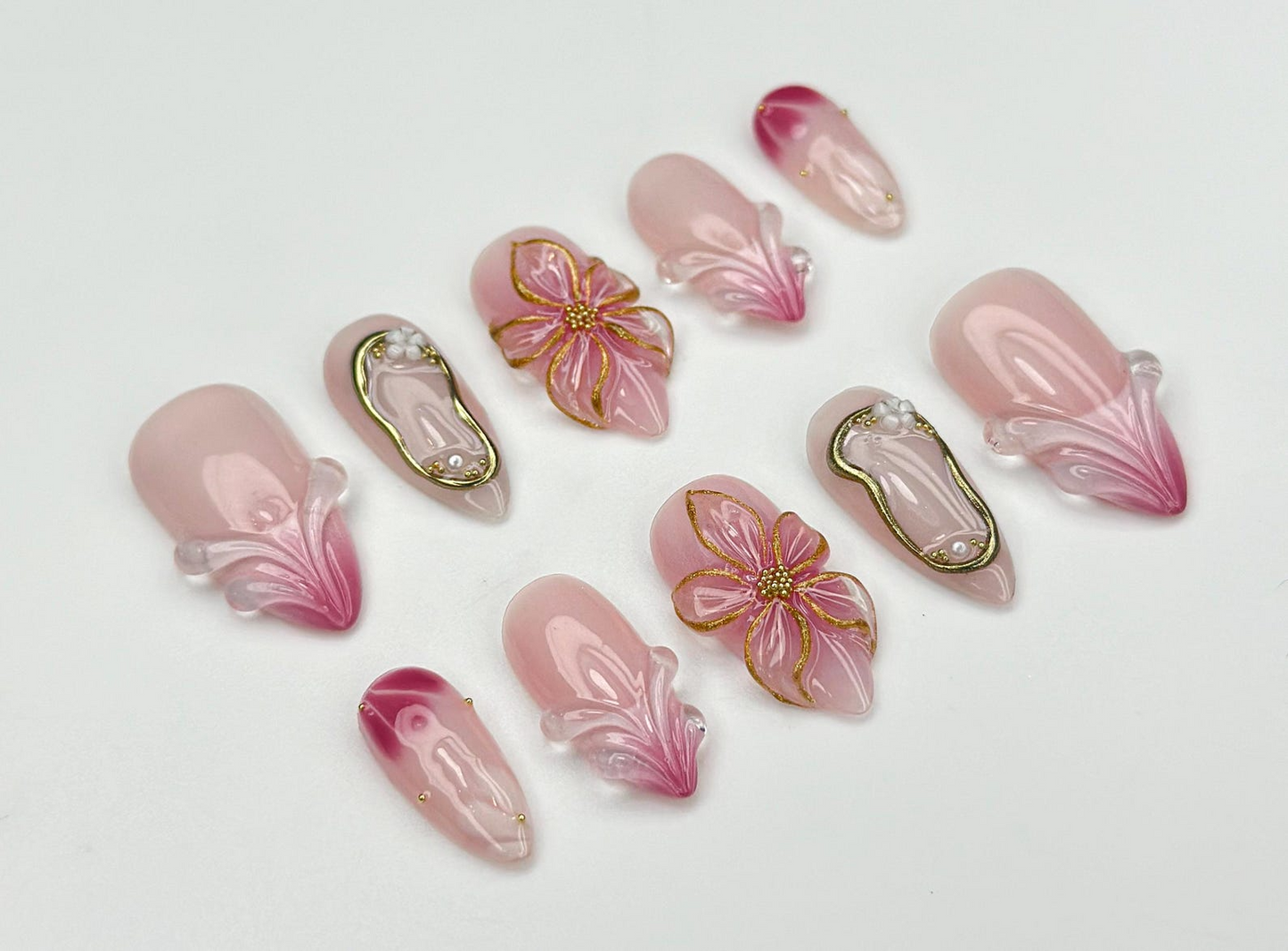 Blush Bloom Elegance Press On Nails | 3D Floral Accents Nail Art | Gold Details & Pink Ombre Press Ons | Luxury Nail| Wedding Nails |JC962H