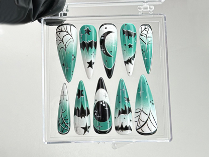 Gothic Halloween Press On Nails | Green Ombre Gothic Nails | Spooky Green Ombre Nail Art | Y2k Nails | Gothic Nails | Press Ons | HB577TK