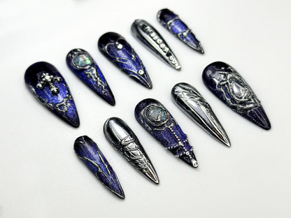 Chrome Purple Press On Nails | Midnight Cross Galaxy Nails | Gothic Celestial Nail Art | 3D Moonstone Nail Design | Mystical Nails | JC862H