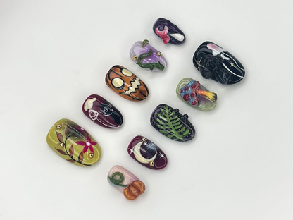 Fantasy Forest Halloween Nails | Pumpkin & Black Cat Press Ons | 3D Mushroom Nail Art | Magical Spooky Handmade Nails | JC1146BC