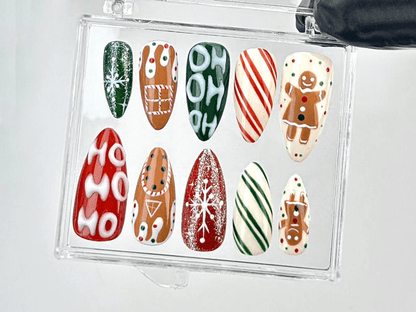 Christmas Party Press On Nails | Gingerbread Man & Holiday Stripes Nail Art | Snowflake Accents Acrylic Nails | Festive Nails | HB635YK