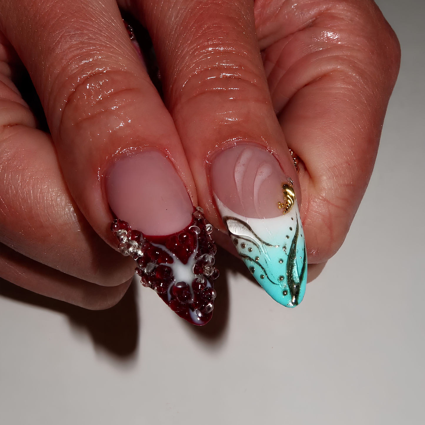 Gyaru Tropical Press On Nails | Luxury 3D Hibiscus Stiletto Fake Finger | Mint Shell Polka Dot Maximalist Summer Gel Manicure | OB2KL2