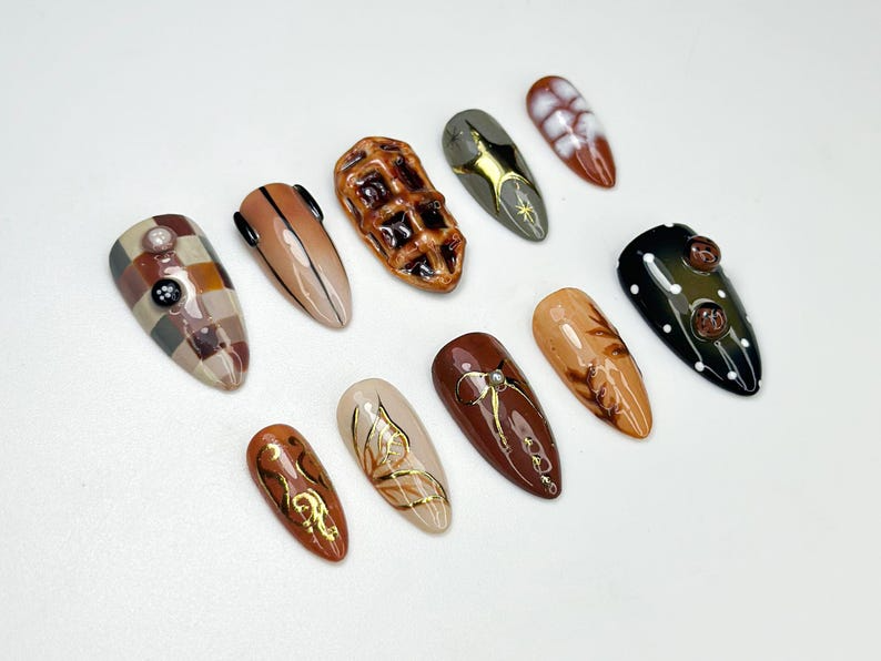 Autumn Brown Press On Nails | Cozy Fall Plaid & 3D Waffle Nail Art | Handmade Neutral Brown Nail | Rustic Autumn Inspired Press Ons |JB161HK