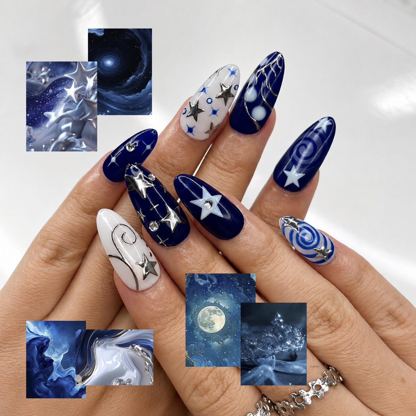 Navy Blue Press On Nails • Star Charm Almond Nails • Silver Foil Celestial Handmade Glue Set • Gift for Her • OC1376ZG