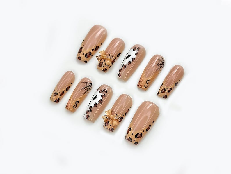 Fall Luxury Leopard Press On Nails| Autumn Nude & Bow Accent Nail Set | 3D Bow Accent Nails | Halloween Chic Design | JB180EC