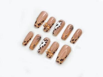 Fall Luxury Leopard Press On Nails| Autumn Nude & Bow Accent Nail Set | 3D Bow Accent Nails | Halloween Chic Design | JB180EC