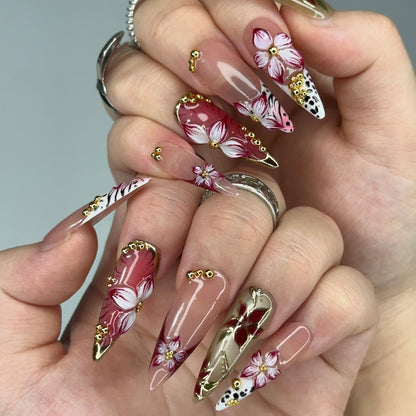 Burgundy Press On Nails Summer | Luxury Gyaru Stiletto Nails | 3D Flower Leopard Print Fake Nails | Dark Coquette Autumn Gift| OB409LK