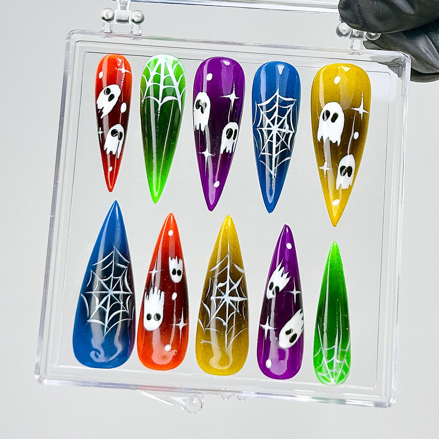Halloween Ghost Press On Nails | Colorful Spider Web Fake Nails | Long Stiletto Creepy Cute Nail Art | Colorful Festival Press Ons | HB72YC